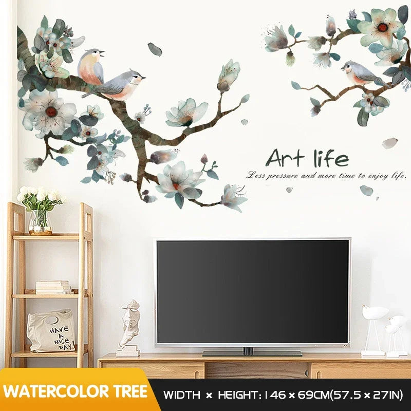 sticker mural fleurs cerisier papillons rose brun blanc adhésif moderne naturel decoration mur chambre