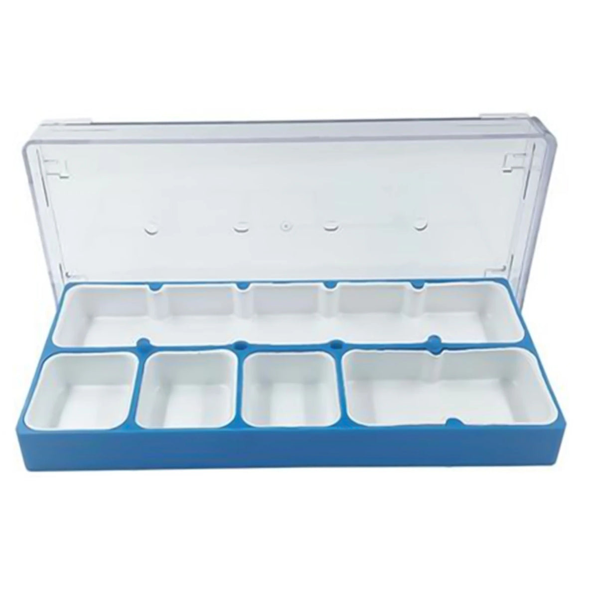 boîte compartiments bleu blanc clips réparation montres bijoux organisation utilitaire moderne