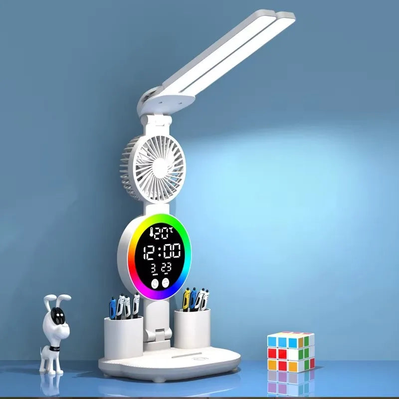 lampe moderne blanc multifonctionnelle affichage numérique ventilateur intégré deux porte stylos interrupteur tactile