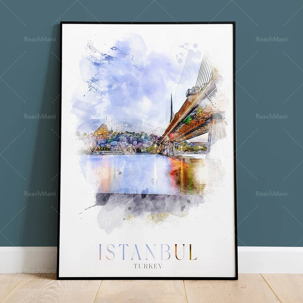 Un paysage urbain pittoresque de la ville d'Istanbul, en Turquie, représenté par une illustration colorée et artistique mettant en valeur les monuments emblématiques de la ville.