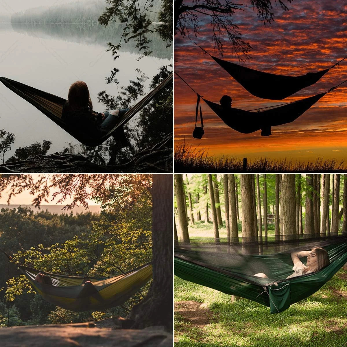 hamac deux personnes vert olive parachute léger filet antimosquitos carabines inox piquets aluminium sac