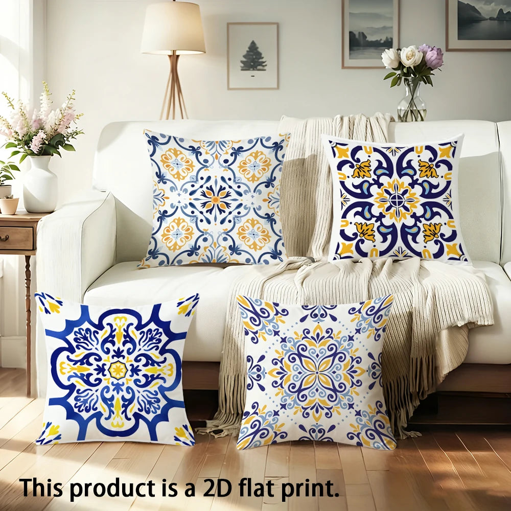 housse coussin ornements floraux moderne 100% polyester blanc bleu jaune 40x40cm 45x45cm 50x50cm 60x60cm