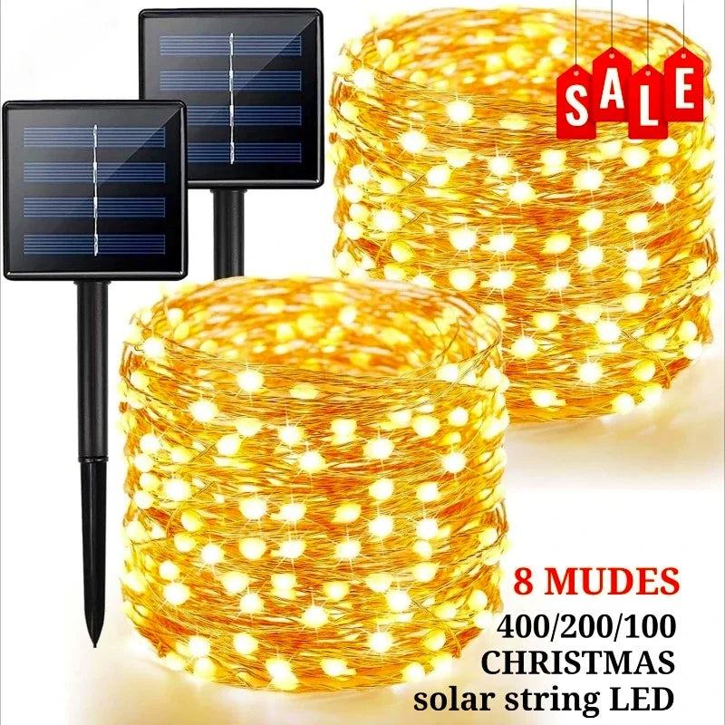 guirlande lumineuse led solaire 400 points blanc doré moderne 300cm jardin festive