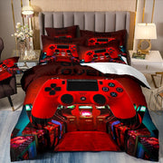 housse couette motif jeu vidéo taies oreiller rouge noir blanc moderne chambre gamer éléments