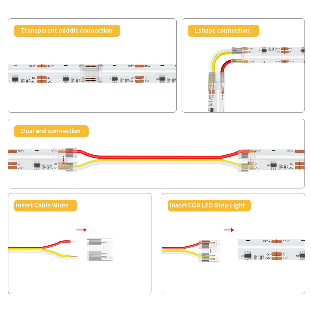 rubans led cob connecteurs clips transparents jaune rouge moderne technologique câbles 24v certifiés cee