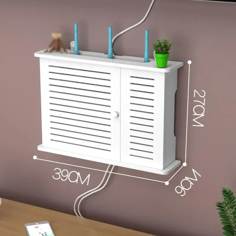 meuble rangement mural blanc bambou prises électriques étagères cable wifi