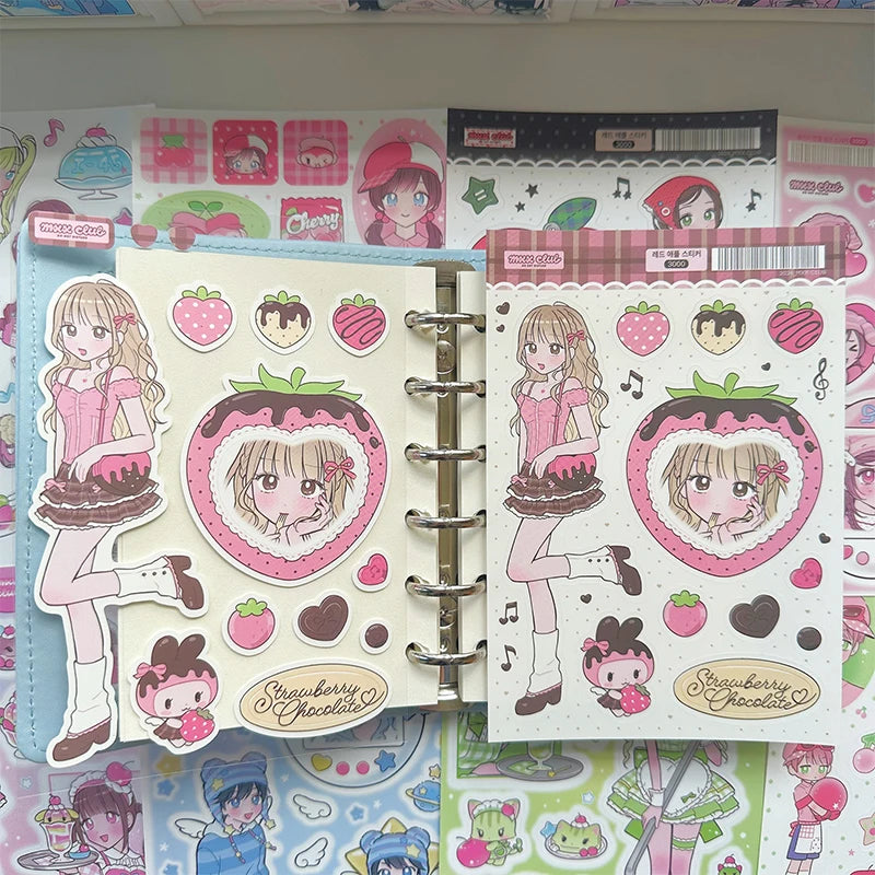 autocollants kawaii personnages dessins animés fruits coeurs notes musicales couleur rose blanc vert bleu