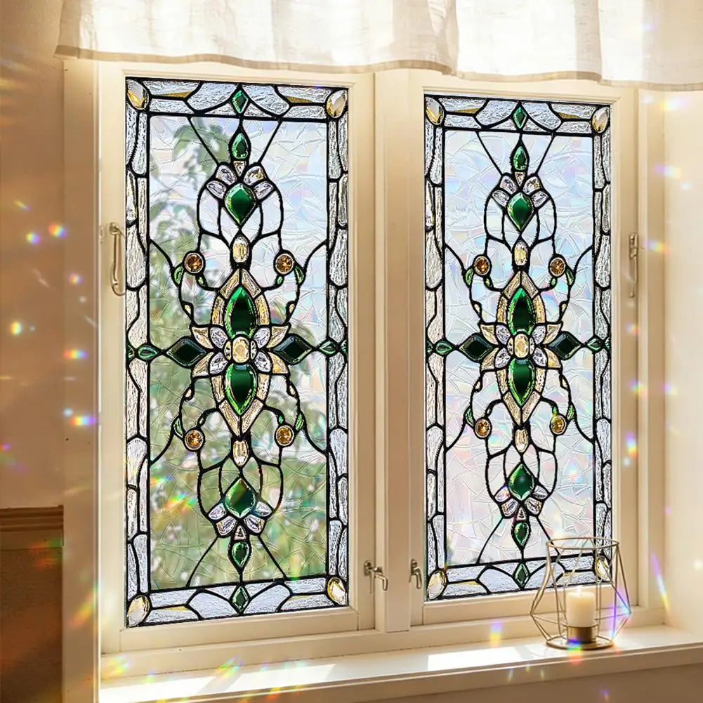 vitrail floral art nouveau opaques adhésif vert blanc bleu rose doré