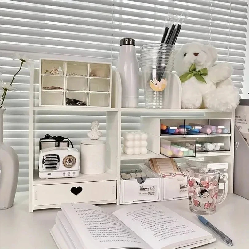 organisateur blanc rangement étagères tiroirs transparents accessoires kawaii mugs carnets stylos