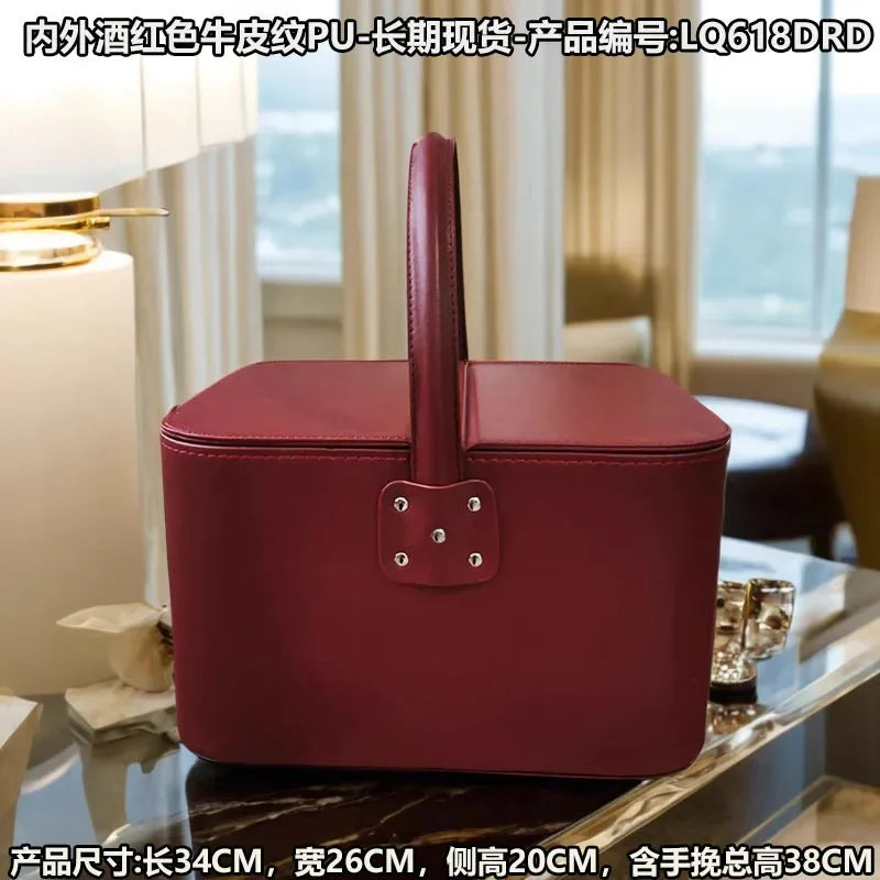 boîte maquillage simili cuir rouge marron noir bleu classique poignée portable organisateur utilitaire