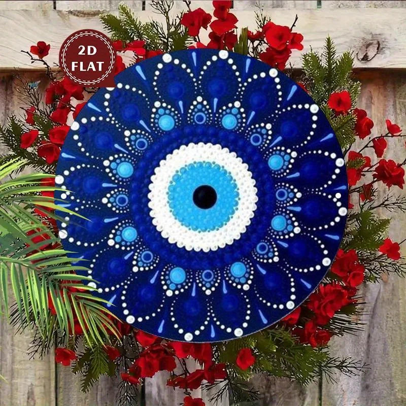 plaque décorative mandala œil central bleu blanc métal artisanal protection concentrique 20cm rond