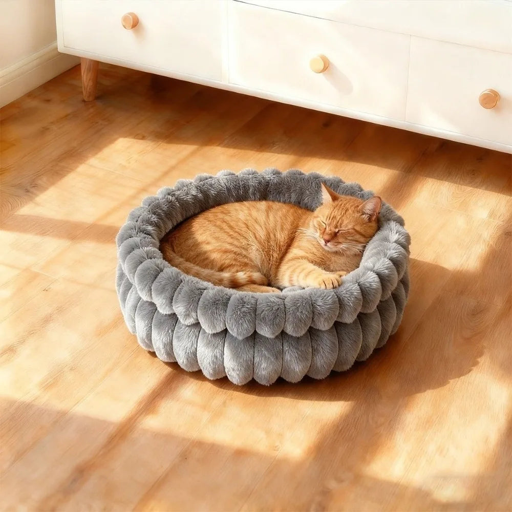 lit chat velours doux beige gris moderne confortable coussin amovible
