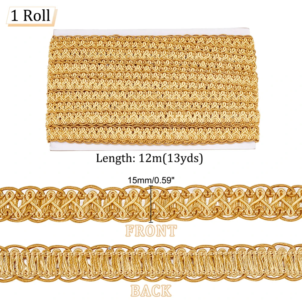 ruban tressé polyester doré tissage géométrique texturé 15mm large 12m longueur