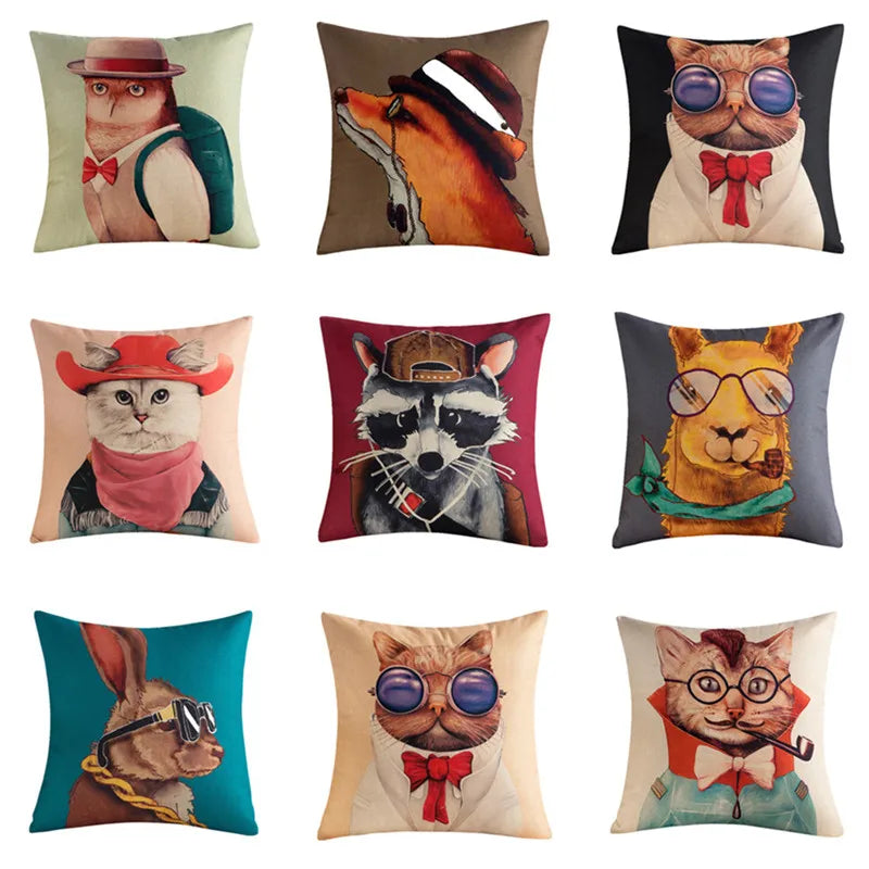 coussin carré animal stylisé vintage zippé coton décor maison lit canapé voiture chaise différentes