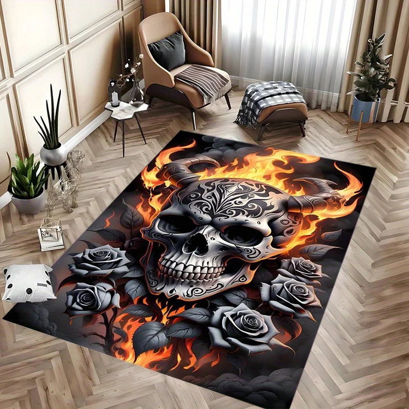 tapis crâne roses flammes gothique noir gris blanc orange chambre salon decoration