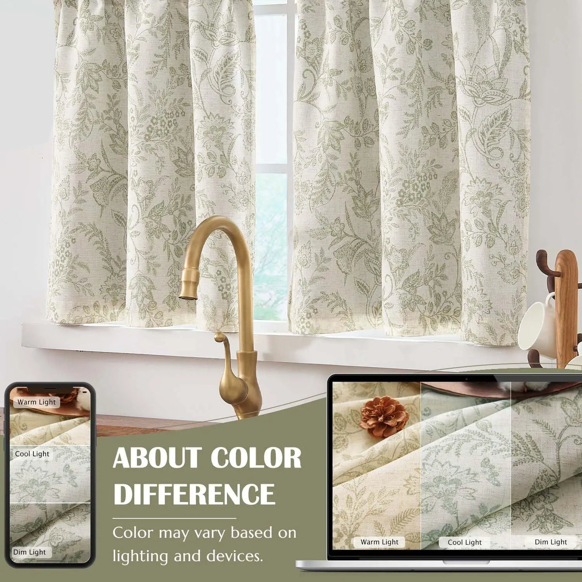 rideaux tier motif floral vert olive semi transparent rustique chambre maison