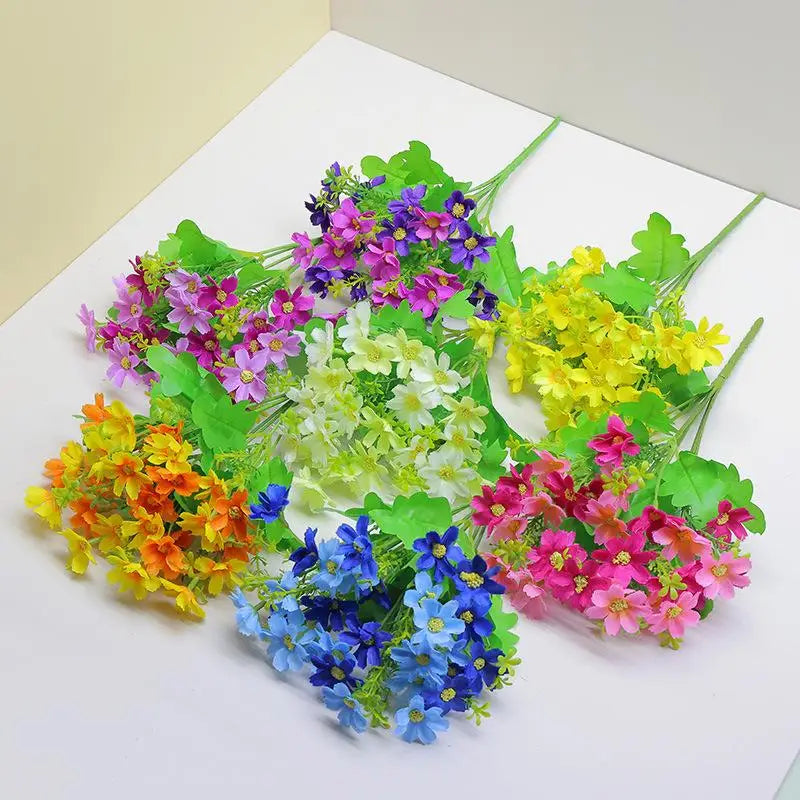 bouquet artificiel fleurs simples feuilles vertes moderne décoration intérieure opacité bleu rose jaune vert