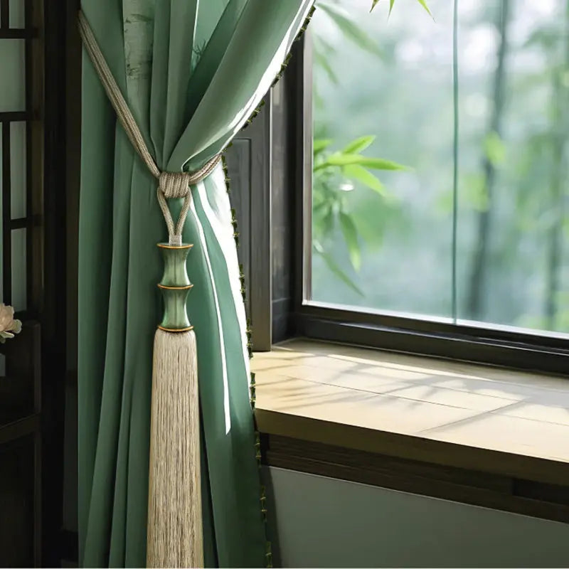 rideau vert beige marron broderie bambou franges classique traditionnel tassel translucent