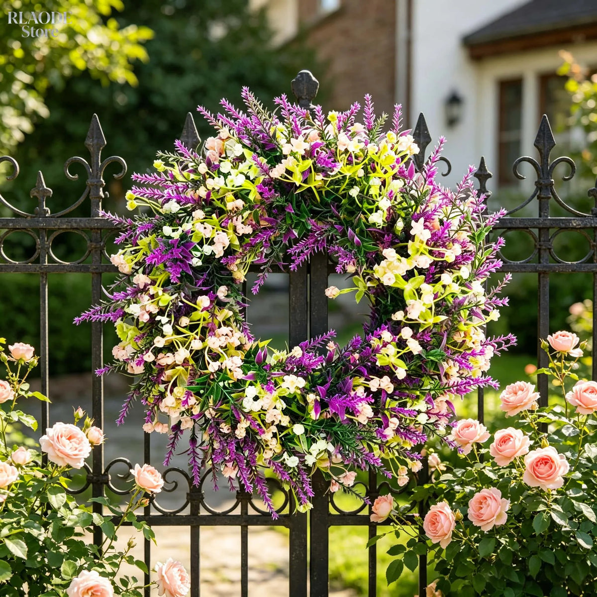 couronne florale artificielle violette blanche verte décoration extérieure mariage fête prénuptiale rustique naturel