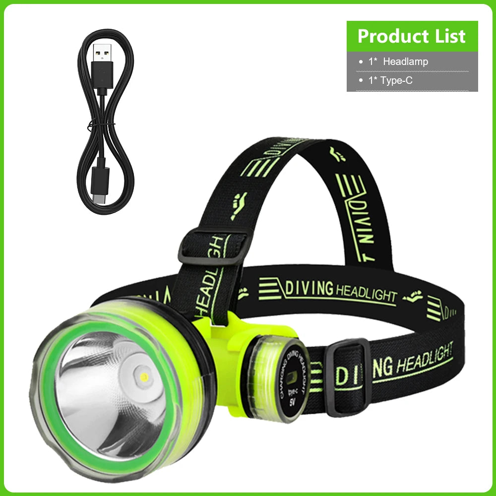 lampe frontale plongée sous marine led vert noir étanche ipx8 rechargeable 180deg
