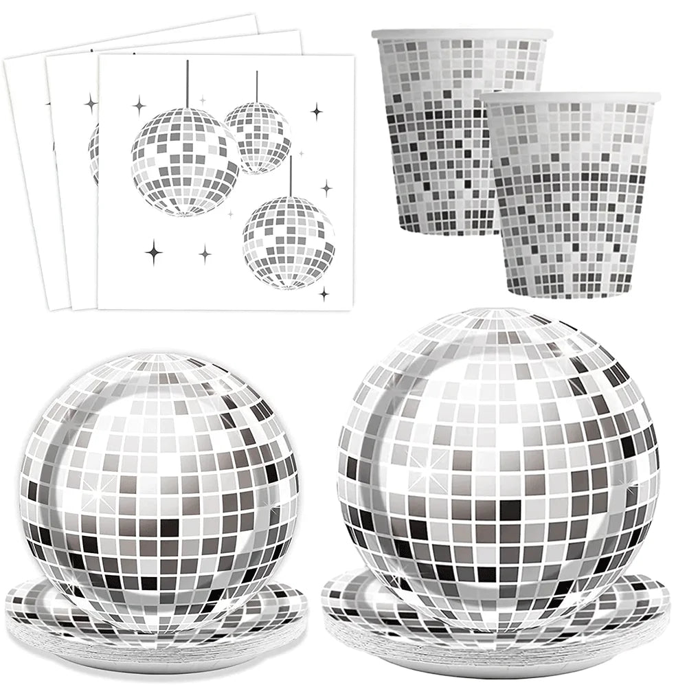 boules disco argent festives assiettes jetables serviettes gobelets papier anniversaire noël mariage discothèque étoiles