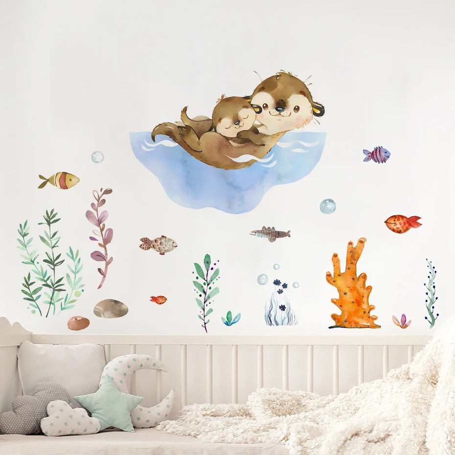 Autocollant mural enfant avec loutre, étoiles et ours