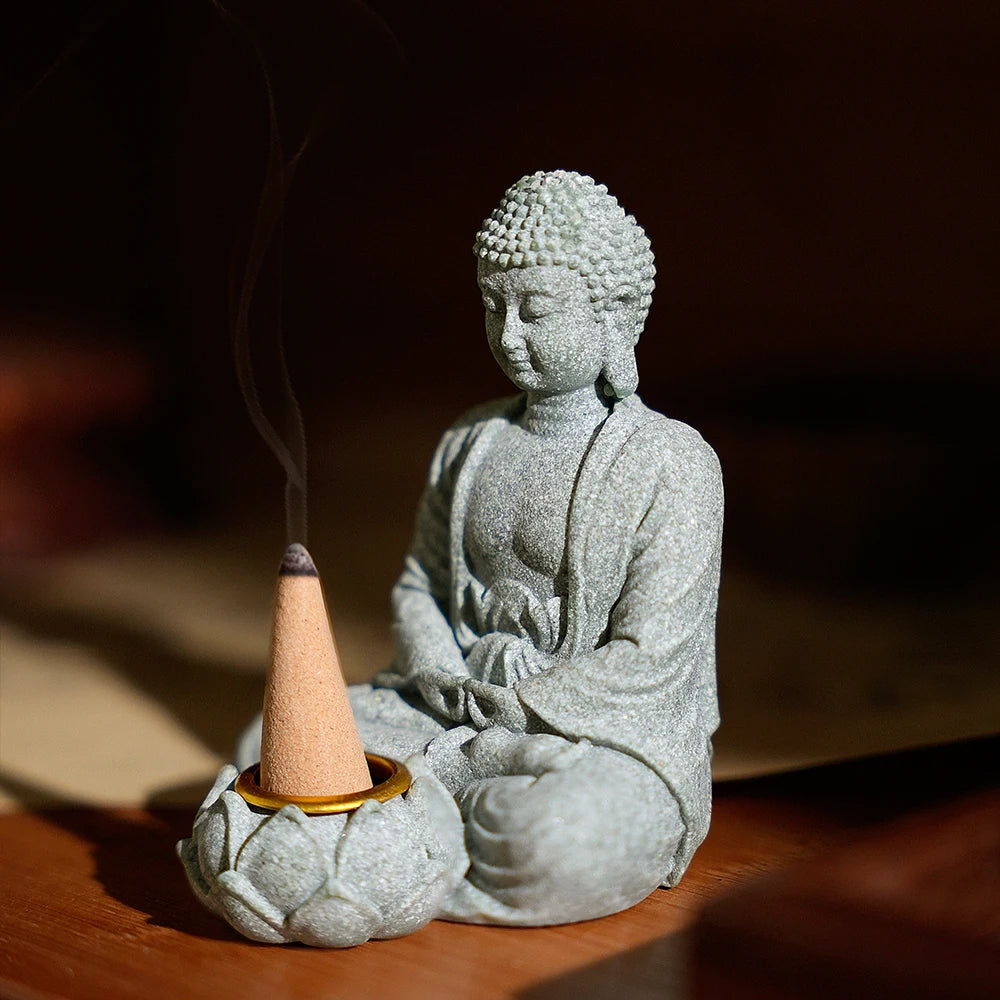 statue bouddha gris resine granit classique décoration intérieure thé zen incense conique base lotus