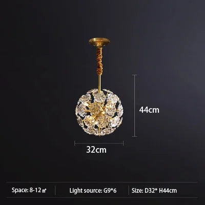 suspension lumineuse moderne or transparent cristal fleurs élégante chaîne métallique lumière led warm cool
