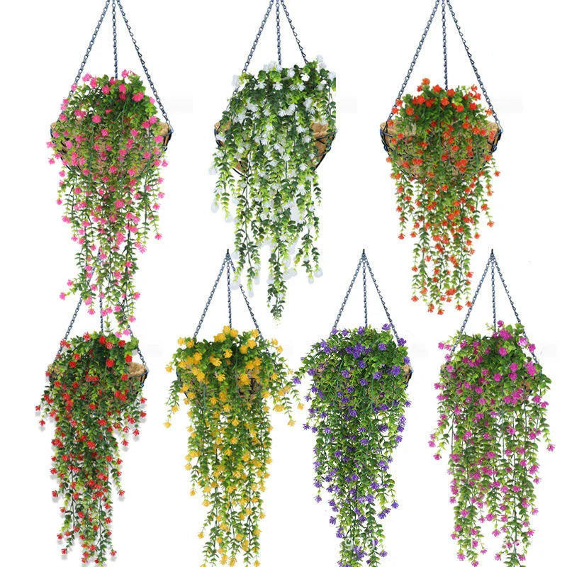 plantes suspendues artificielles fleurs vertes feuilles eucalyptus moderne extérieur accrochées chaînes métalliques