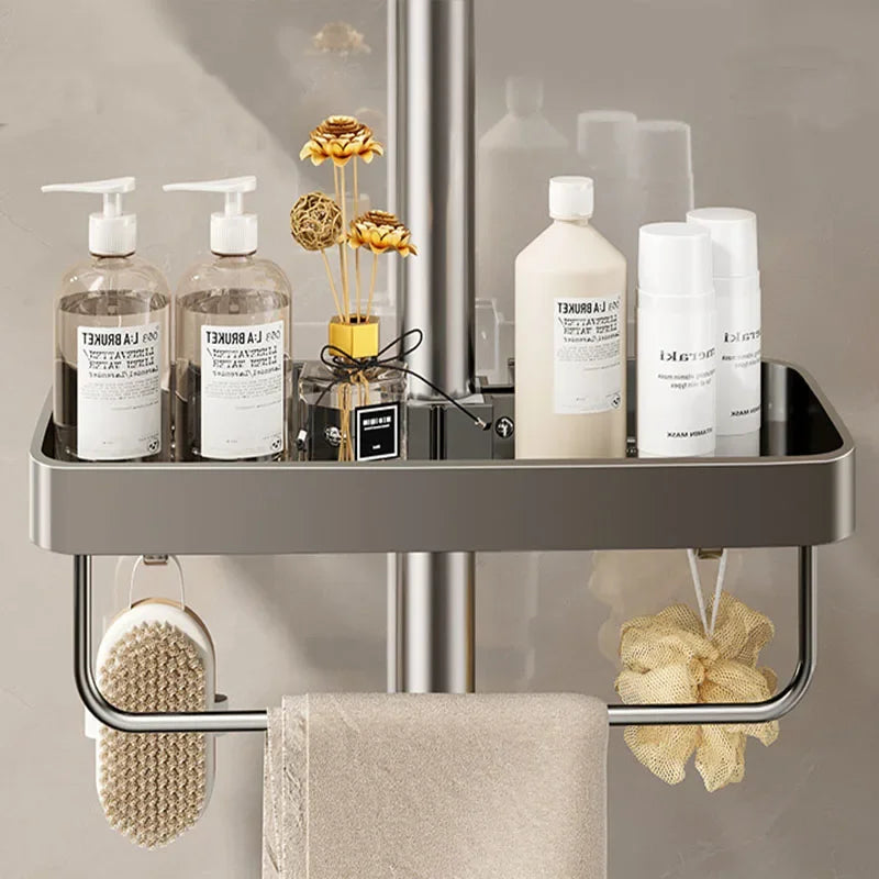 étagère douche moderne aluminium gris lisse salle bain fixée sans percer plateau shampooing cosmétique