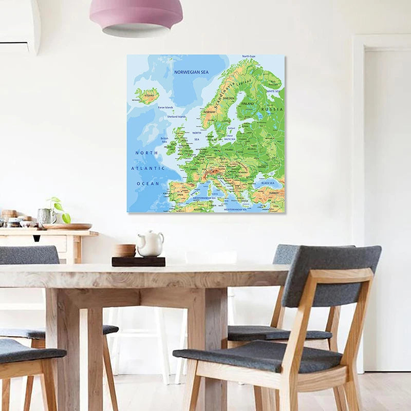 affiche murale carte europe relief topographique bleu vert décoration intérieure 90x90cm