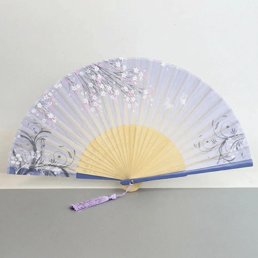 éventail traditionnel floral soie bambou pompon tissu blanc beige violet noir rose clair