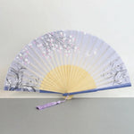 éventail traditionnel floral soie bambou pompon tissu blanc beige violet noir rose clair