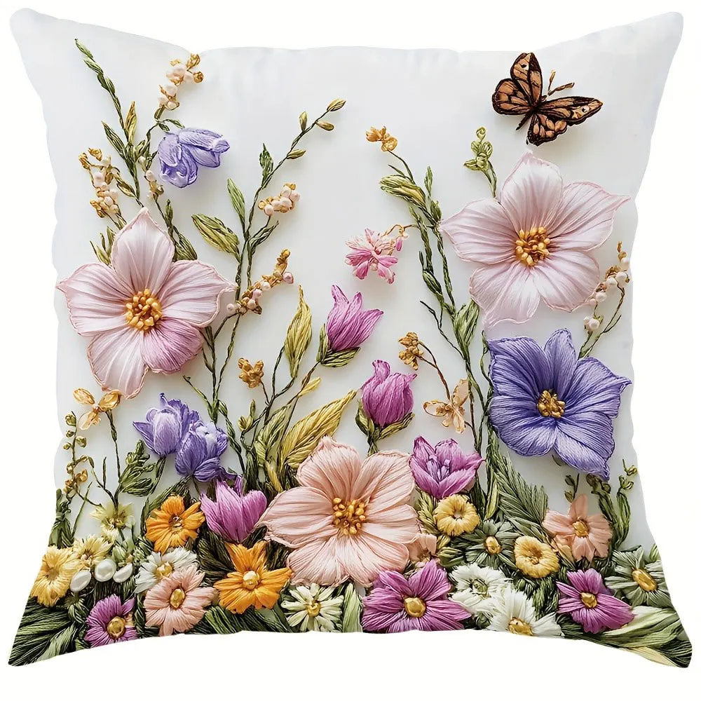 housse coussin fleurs papillons guirlande motif vintage blanc violet rose jaune vert zipper closure