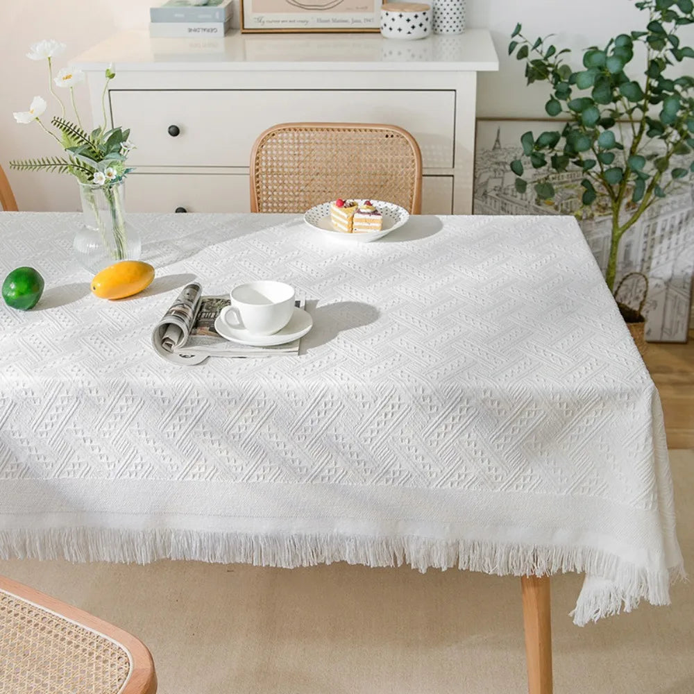 nappe rectangulaire imperméable motif géométrique franges bohème rustique verte blanche grise table basse pique