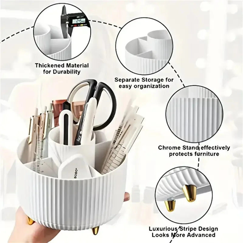 organisateur maquillage rotatif blanc rayures modernes pieds dorés pinceaux crayons stylos scies
