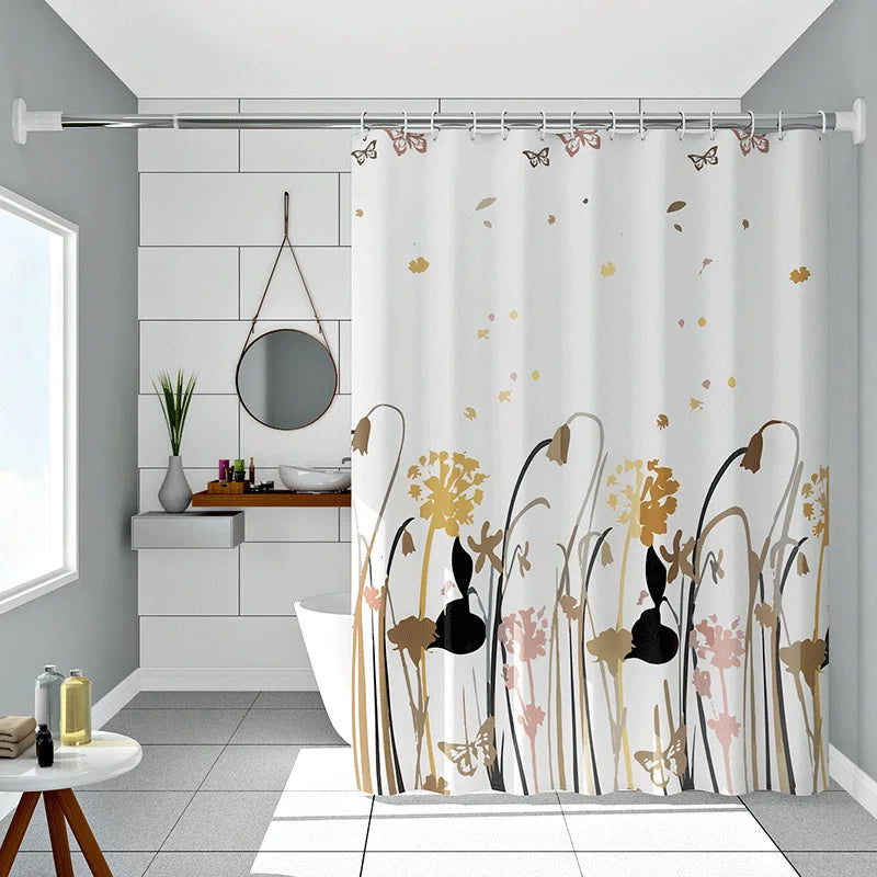 rideau douche fleuri moderne fleurs papillons motifs naturels blancs jaunes marrons noirs imperméable