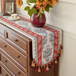 chemin table broderie traditionnelle motifs floraux beige marron rouge bleu vert classique ethnique tassel