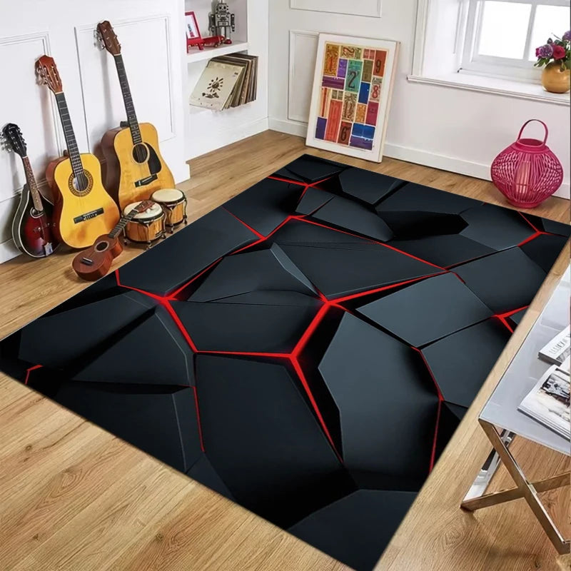 tapis géométrique noir rouge polygonal moderne salon chambre décoration intérieure polyester PVC