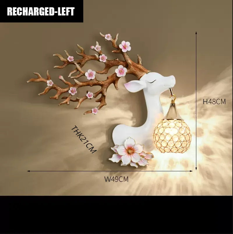 lampe murale moderne branches fleurs strass tête cerf blanc doré bleuclair