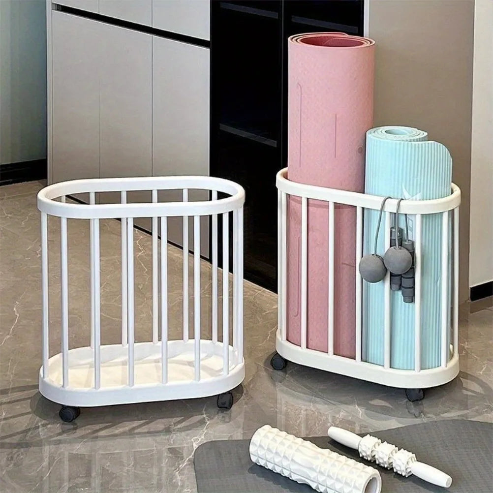 chariot rangement mobile tapis yoga haltères raquette tennis jouets vestes minimalistes