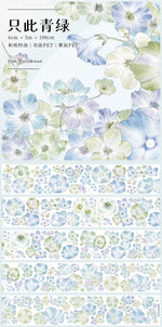 papier decoratif washi sticker fleur bleu vert illustration art numerique 6cm 5m opaque