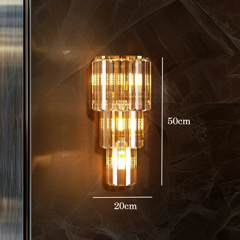 applique murale cristal doré moderne rangs superposés led éclairage chambre salon élégante fixée mur