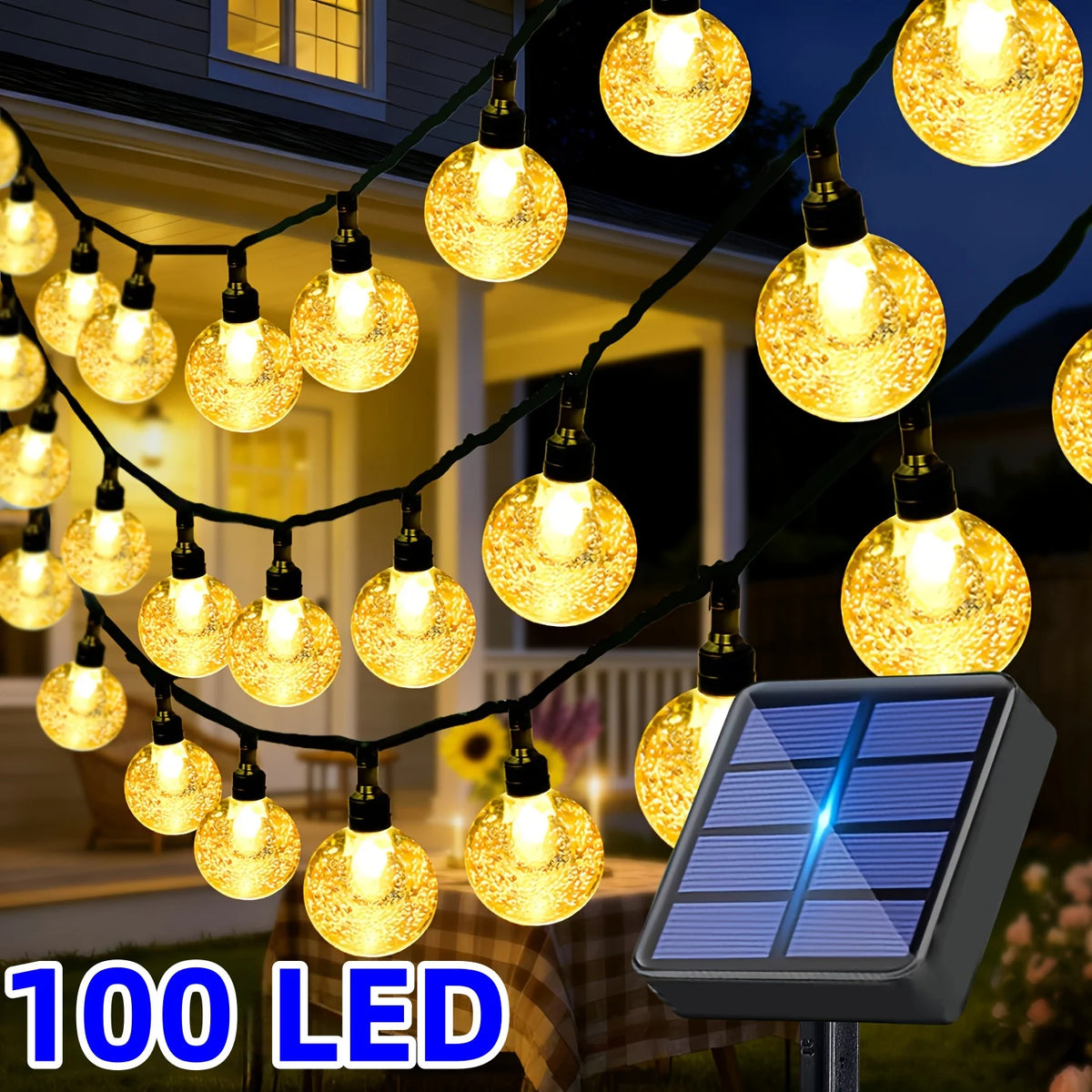 guirlande lumineuse solaire translucides blanc chaud extérieur noël patio 12m 100led clips moderne étanche