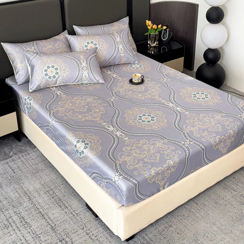 drap housse lit bleu clair doré motif floral classique taies d'oreiller coton