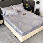 drap housse lit bleu clair doré motif floral classique taies d'oreiller coton