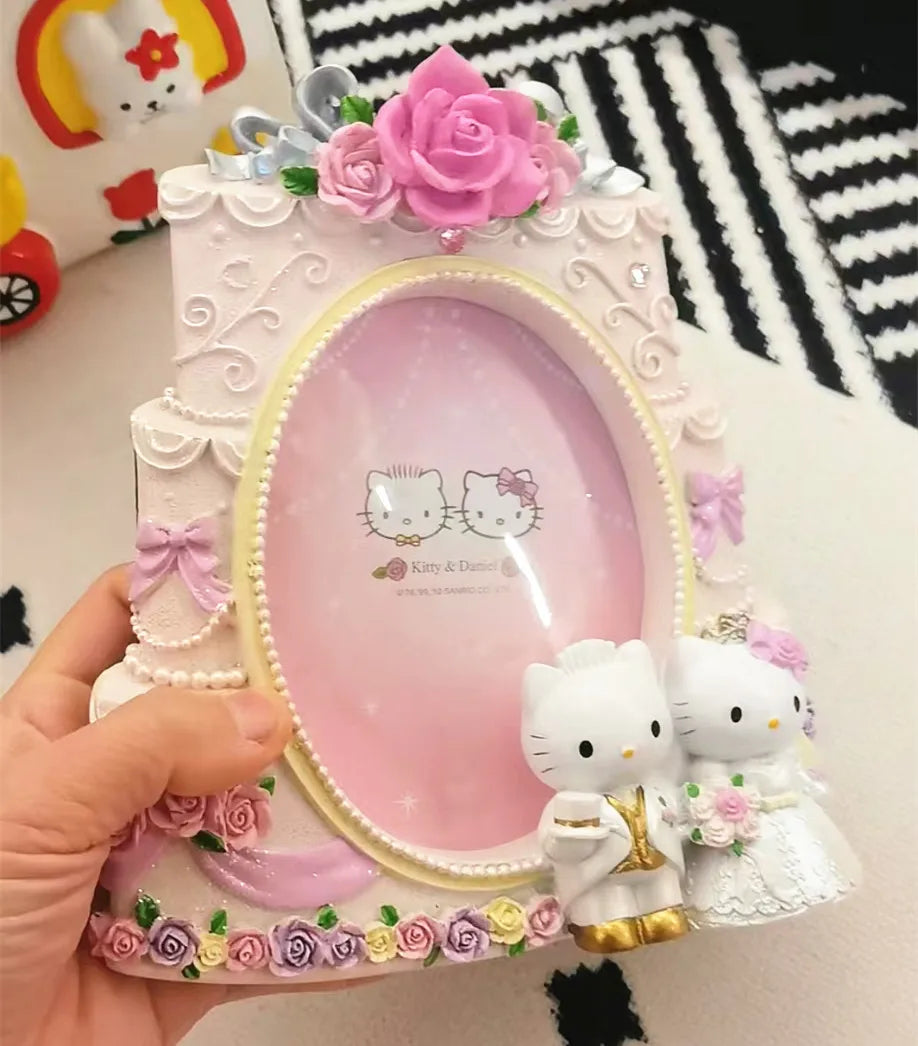 cadre photo résine rose blanc décoration strass roses relief chats ovale romantique vintage