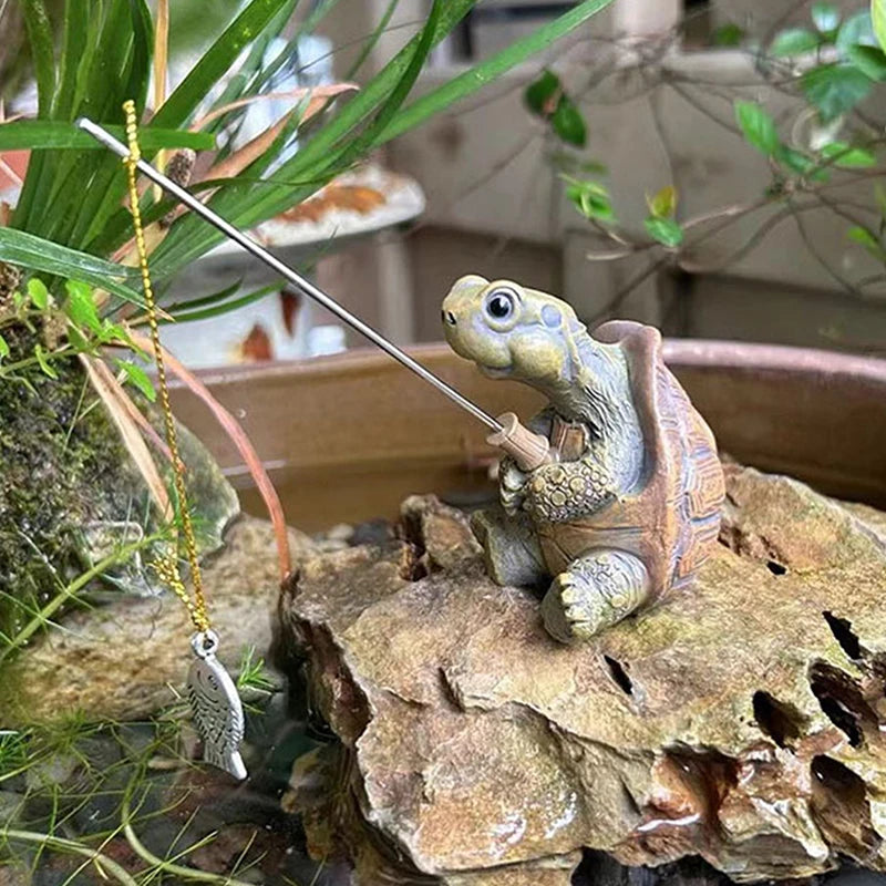statue tortue pêche résine canne ligne poisson marron vert jaune décoration extérieure jardin fantaisiste