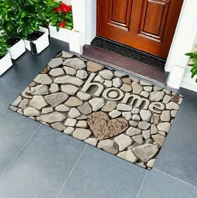 tapis sol intérieur extérieur motif pierre beige accueil bienvenue porte entrée maison rustique