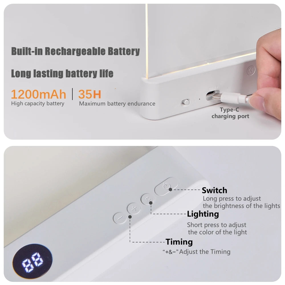 lampe lecture led rechargeable nuit table livre écran lcd usb charge boutons blanc